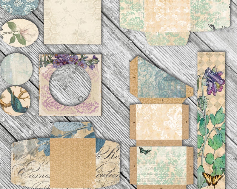 May include: A set of printable vintage style scrapbook paper with floral and geometric patterns. The paper is beige with blue, green, and pink accents. The paper is perfect for crafting, scrapbooking, and card making.