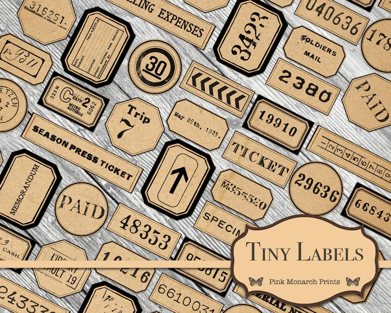 May include: A collection of vintage-style labels with black borders and brown paper backgrounds. The labels feature various text, numbers, and symbols, including "Trip", "Paid", "Season Press Ticket", "Ticket", "Soldiers Mail", "30", and "19910".
