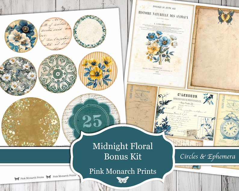 Midnight Floral Bonus Kit, Digital Kit, Printable, Fussy Cuts, Ephemera, Envelopes, Pockets, Circles, Journal Cards, Junk Journal Supplies image 4