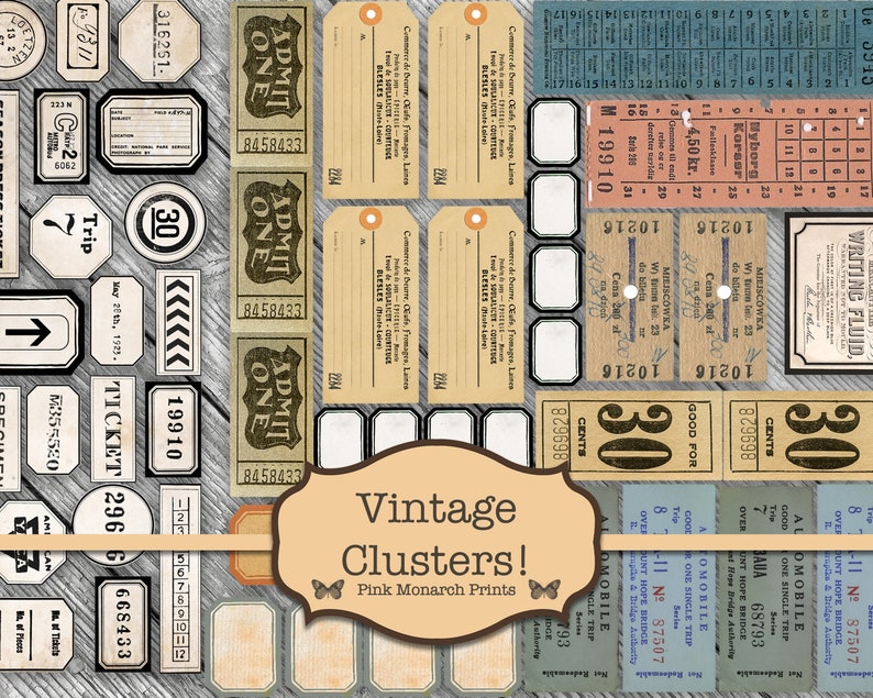 Puede incluir: Una colecci&oacute;n de ef&iacute;meras de papel de estilo vintage, que incluyen boletos, etiquetas y etiquetas. Las ef&iacute;meras presentan una variedad de dise&ntilde;os, que incluyen texto, n&uacute;meros e ilustraciones. Las ef&iacute;meras est&aacute;n dispuestas en un estilo de collage sobre un fondo de madera. El texto en las ef&iacute;meras incluye "ADMIT ONE", "30 CENTS", "TICKET 296" y "MIEJSCOWKA".