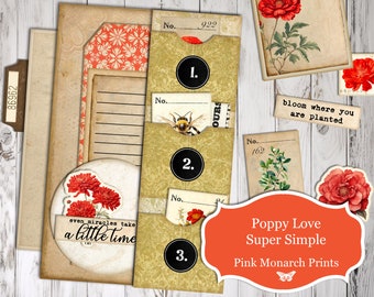 Poppy Love Super Simple, Mini Project, Junk Journal Kit, Junk Journal, Junk Journaling, Pink Monarch Prints, Printable, Digital, Vintage