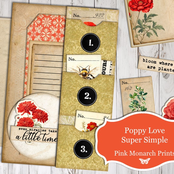 Poppy Love Super Simple, Mini Project, Junk Journal Kit, Junk Journal, Junk Journaling, Pink Monarch Prints, Printable, Digital, Vintage