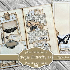 Mariposas neutrales n.° 3: 3 anillos súper simples, folio, diario basura, digital, imprimible, suministros, miniproyecto, pliegue lateral, vueltas, etiquetas, ¡fácil!