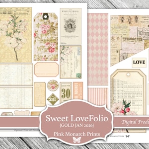 Puede incluir: Una colecci&oacute;n de elementos de papel de scrapbook de estilo vintage con dise&ntilde;os florales y estampados. Incluye etiquetas, r&oacute;tulos y papeles decorativos en tonos rosa p&aacute;lido, crema y beige. El texto "Sweet LoveFolio" y "Pink Monarch Prints" es visible.