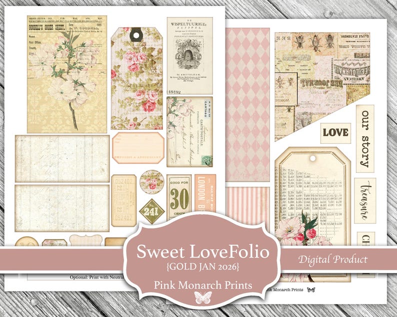 Puede incluir: Una colecci&oacute;n de elementos de papel de scrapbook de estilo vintage con dise&ntilde;os florales y estampados. Incluye etiquetas, r&oacute;tulos y papeles decorativos en tonos rosa p&aacute;lido, crema y beige. El texto "Sweet LoveFolio" y "Pink Monarch Prints" es visible.