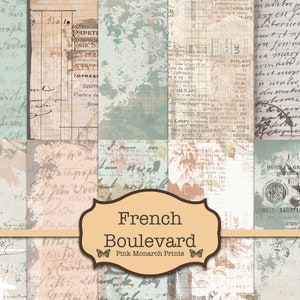 May include: A collage of 12 digital paper designs featuring vintage-inspired patterns and textures. The papers include handwritten text, floral motifs, and distressed backgrounds. The title "French Boulevard" and the text "Pink Monarch Prints" are displayed in a decorative banner.