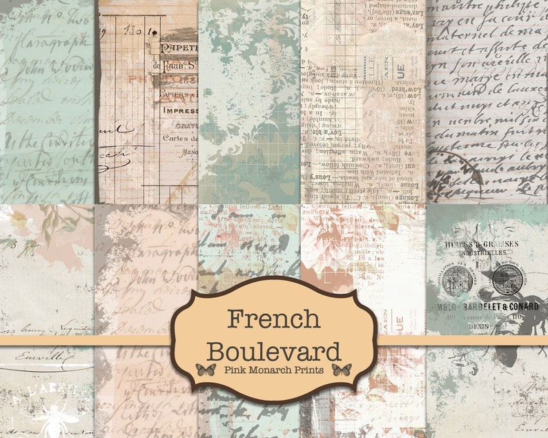 May include: A collage of 12 digital paper designs featuring vintage-inspired patterns and textures. The papers include handwritten text, floral motifs, and distressed backgrounds. The title "French Boulevard" and the text "Pink Monarch Prints" are displayed in a decorative banner.