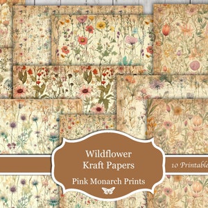 Vintage Papers, Kraft Wildflower, Junk Journal, Papers, Shabby Chic Papers, Digital Junk Journaling, Shabby Chic Junk Journal, Printable,