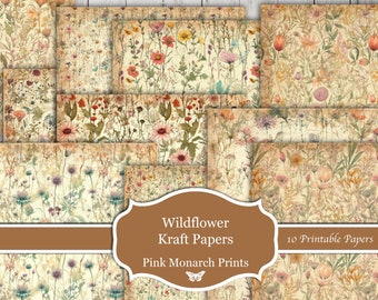 Vintage Papers, Kraft Wildflower, Junk Journal, Papers, Shabby Chic Papers, Digital Junk Journaling, Shabby Chic Junk Journal, Printable,