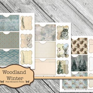 May include: Printable digital paper pack with a woodland winter theme. The pack includes 12 digital papers with various patterns and designs, including snowflakes, pine cones, and woodland animals. The papers are perfect for scrapbooking, card making, and other crafting projects.