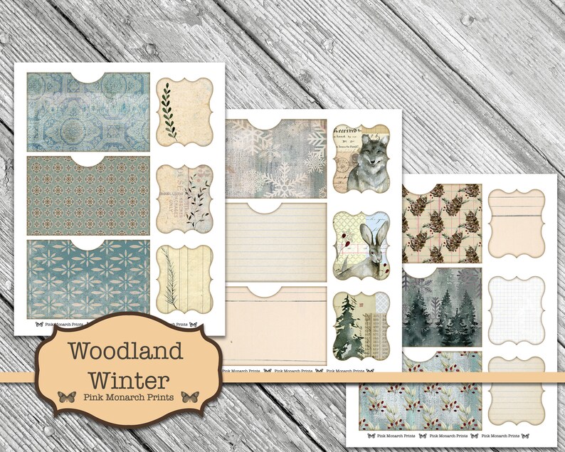 May include: Printable digital paper pack with a woodland winter theme. The pack includes 12 digital papers with various patterns and designs, including snowflakes, pine cones, and woodland animals. The papers are perfect for scrapbooking, card making, and other crafting projects.