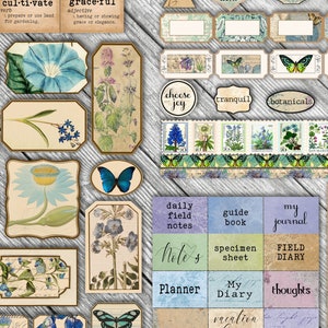 May include: A collection of vintage-style printable tags and journal pages with floral and butterfly illustrations. The tags feature words like "choose joy", "tranquil", and "botanicals". The journal pages include titles like "daily field notes", "guide book", and "my journal".