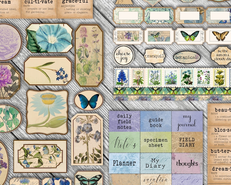 May include: A collection of vintage-style printable tags and journal pages with floral and butterfly illustrations. The tags feature words like "choose joy", "tranquil", and "botanicals". The journal pages include titles like "daily field notes", "guide book", and "my journal".