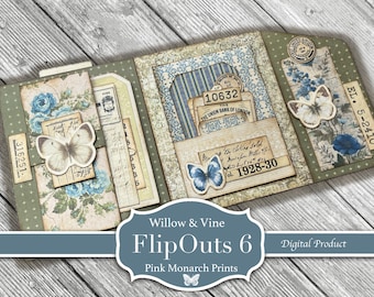 Willow And Vine FlipOuts #6, Junk Journaling Kit, Pink Monarch Prints, (Digital Download)
