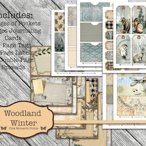 May include: Woodland Winter digital scrapbooking kit with a variety of elements including pockets, journaling cards, tags, labels, and double page spreads. The kit features a wintery woodland theme with images of animals, trees, and snowflakes.