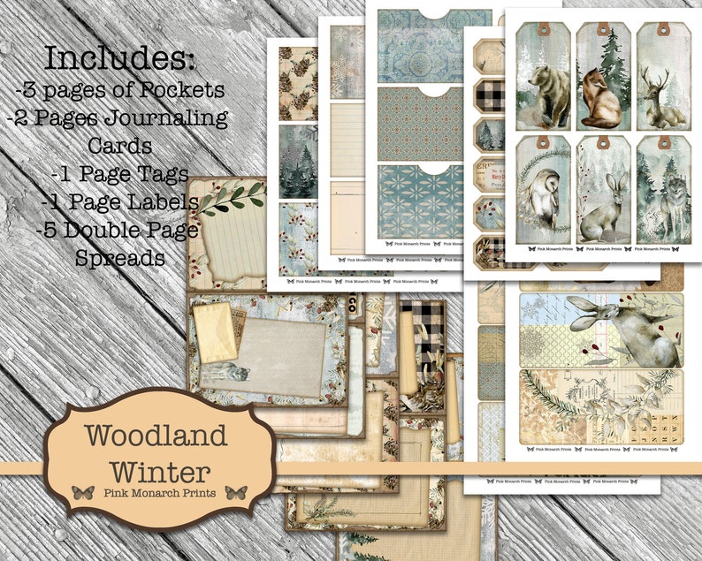 May include: Woodland Winter digital scrapbooking kit with a variety of elements including pockets, journaling cards, tags, labels, and double page spreads. The kit features a wintery woodland theme with images of animals, trees, and snowflakes.