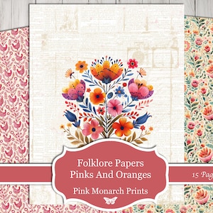 Op de afbeelding: Een digitaal papierpakket met 15 pagina's met bloemmotieven in roze, oranje en wit. De titel van het pakket is "Folklore Papers Pinks And Oranges Pink Monarch Prints".