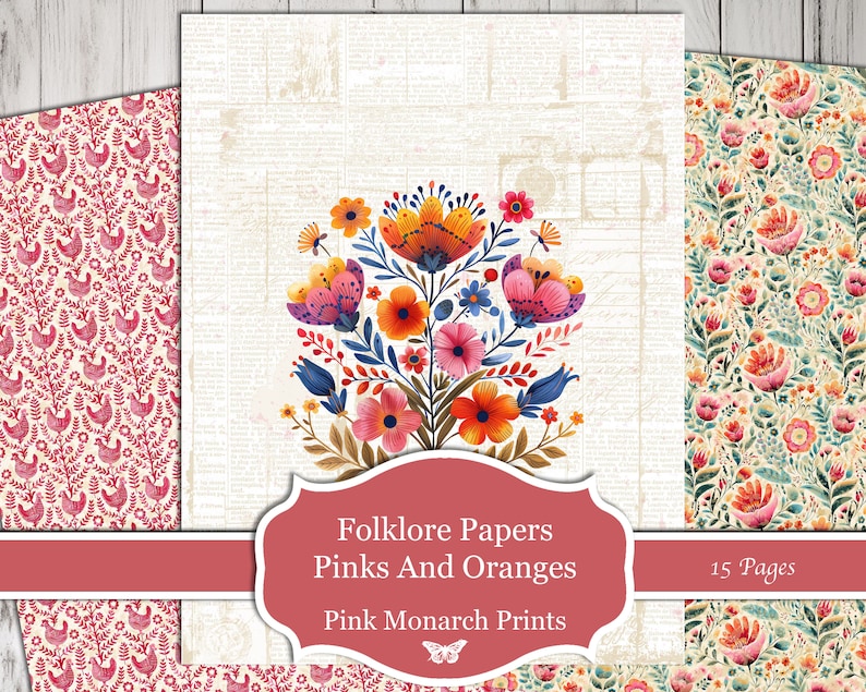 Op de afbeelding: Een digitaal papierpakket met 15 pagina's met bloemmotieven in roze, oranje en wit. De titel van het pakket is "Folklore Papers Pinks And Oranges Pink Monarch Prints".