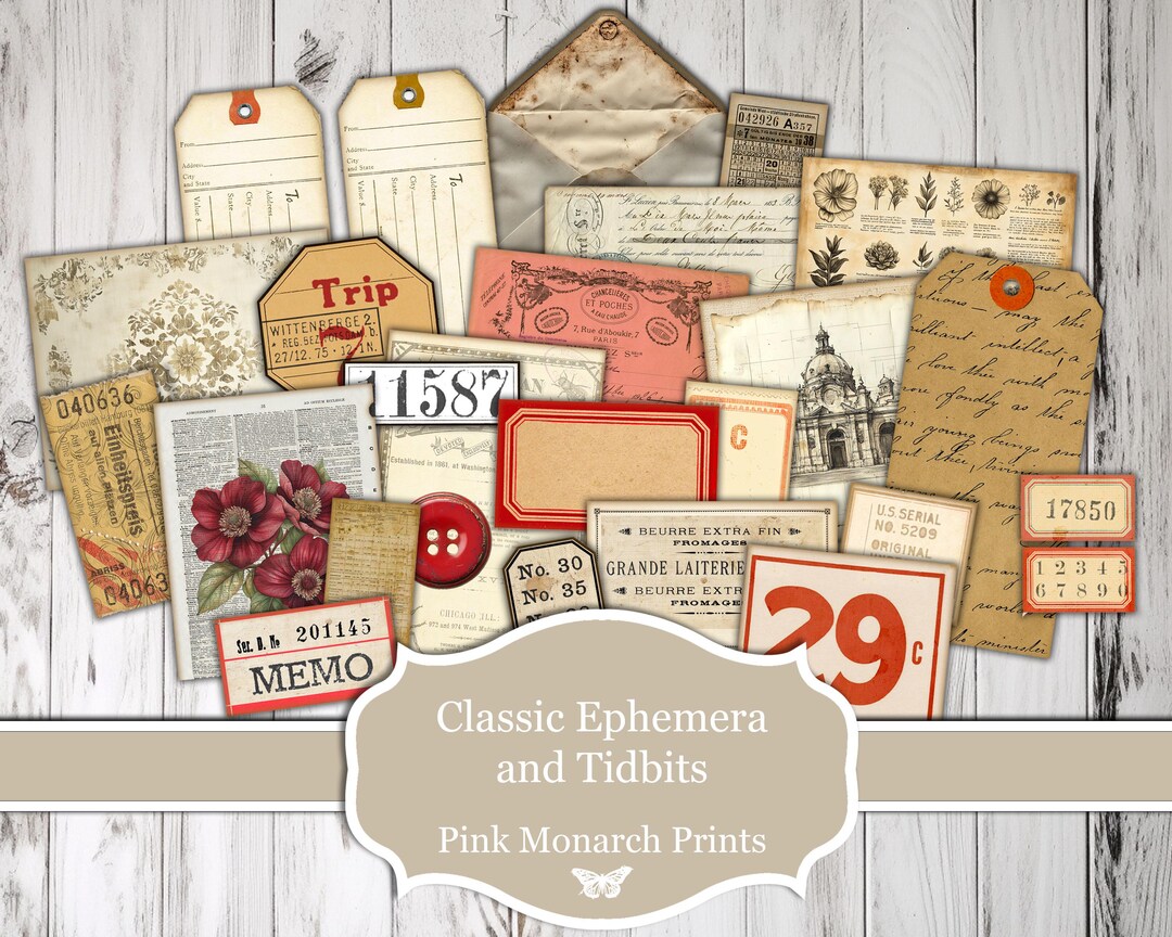 Classic Ephemera and Tidbits, Digital Junk Journal Kit, Red Junk ...