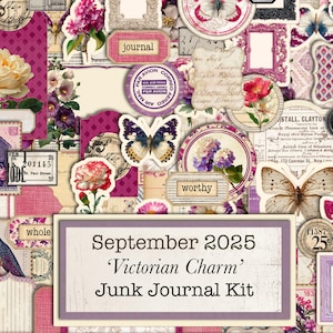 以下が含まれることがあります： ピンク、紫、クリーム色のヴィンテージ要素のコラージュ。花柄のイラスト、蝶、テキスト要素が含まれています。テキストは「September 2025 'Victorian Charm' Junk Journal Kit」と書かれています。
