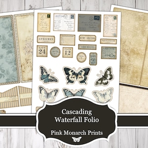 May include: A digital collage sheet featuring vintage-style ephemera, including postcards, identification tags, archive labels, and six butterfly illustrations. The set includes textured paper backgrounds with floral patterns and cursive script text.