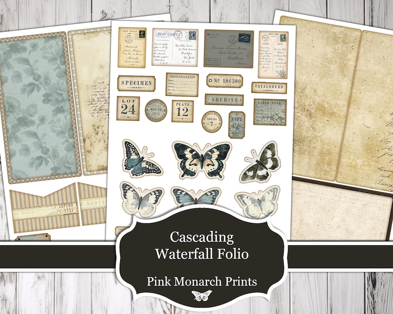 May include: A digital collage sheet featuring vintage-style ephemera, including postcards, identification tags, archive labels, and six butterfly illustrations. The set includes textured paper backgrounds with floral patterns and cursive script text.