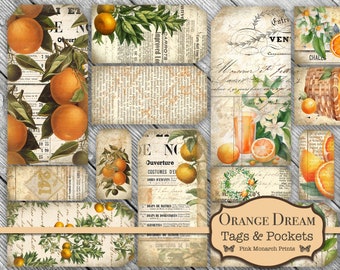 Orange Dream, Pockets and Tags, Junk Journal Kit, Junk Journaling Digitals, Junk Journal Ephemera, Orange Junk Journal, Junk Journaling Tags