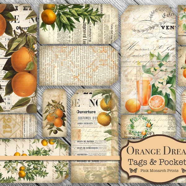 Orange Dream, Pockets and Tags, Junk Journal Kit, Junk Journaling Digitals, Junk Journal Ephemera, Orange Junk Journal, Junk Journaling Tags
