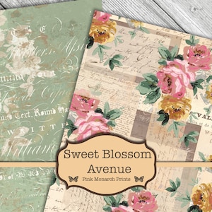 May include: Two digital paper designs featuring a vintage floral pattern with pink and yellow roses, green leaves, and a background of handwritten text and faded script. The text "Sweet Blossom Avenue" and "Pink Monarch Prints" is included in the design.