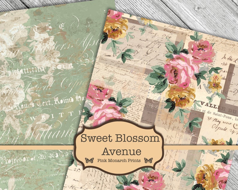 May include: Two digital paper designs featuring a vintage floral pattern with pink and yellow roses, green leaves, and a background of handwritten text and faded script. The text "Sweet Blossom Avenue" and "Pink Monarch Prints" is included in the design.