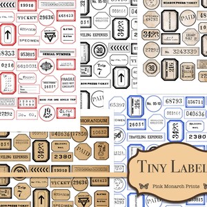 May include: A digital paper pack with vintage-style labels in black, white, and brown. The labels feature text such as "Trip 7", "Season Press Ticket", "Paid", "Specimen", "Traveling Expenses", "Memorandum", "Soldiers Mail", "Fragile", and "Good for One Single Trip". The labels are on a white background with a border around the edges.