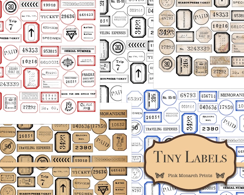 May include: A digital paper pack with vintage-style labels in black, white, and brown. The labels feature text such as "Trip 7", "Season Press Ticket", "Paid", "Specimen", "Traveling Expenses", "Memorandum", "Soldiers Mail", "Fragile", and "Good for One Single Trip". The labels are on a white background with a border around the edges.