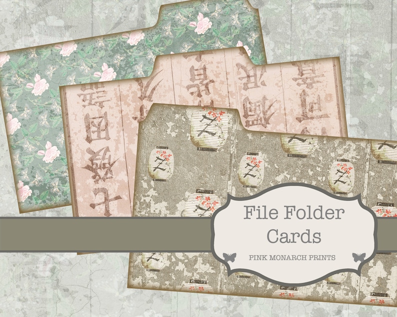 May include: File folder cards with a vintage aesthetic. The cards feature various designs, including floral patterns, Japanese characters, and lantern motifs. The text "File Folder Cards" is displayed on a decorative label.