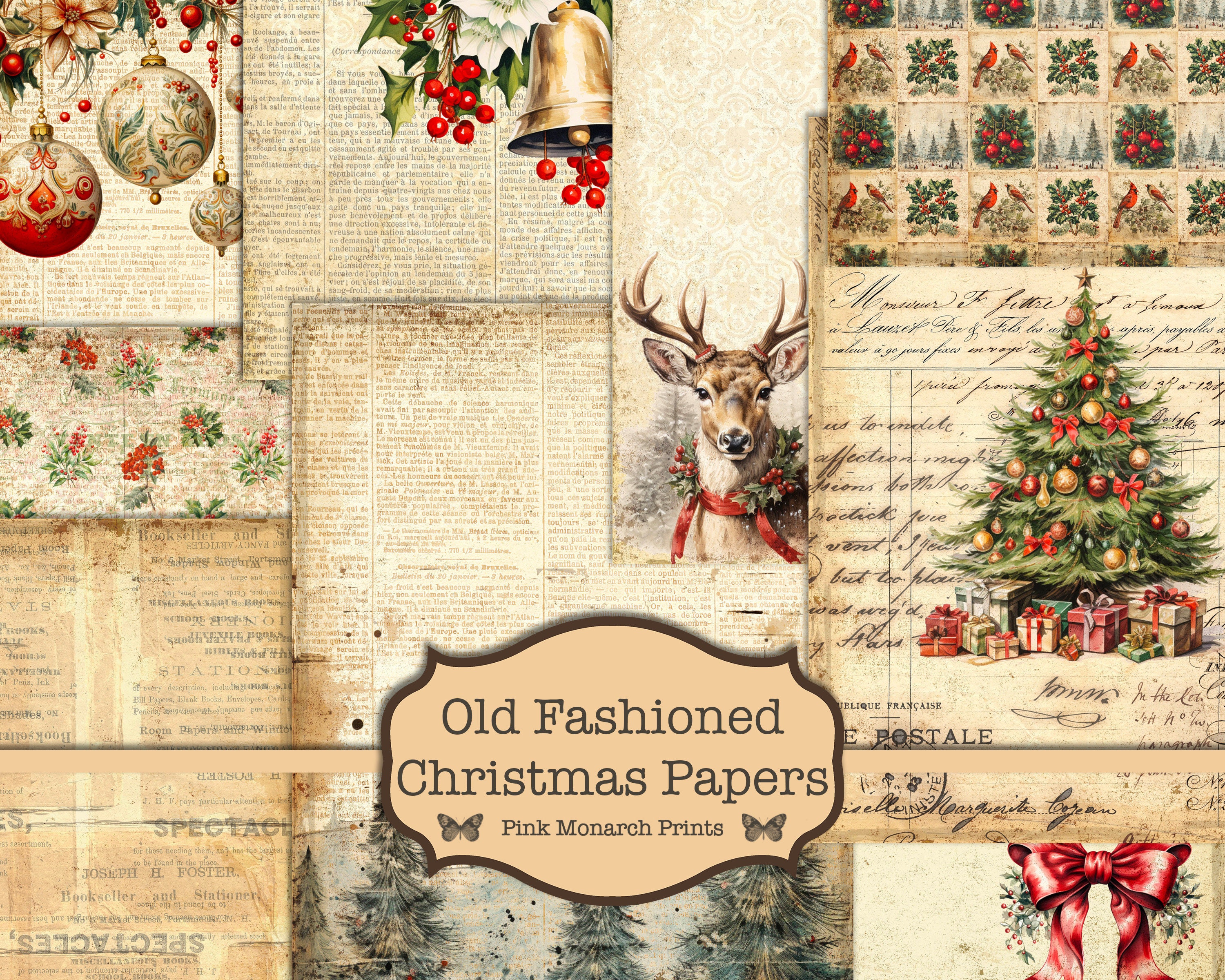 ヴィンテージクリスマスペーパー：伝統的なジャンクジャーナルキット
