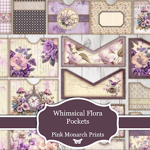 Wunderliche Flora Taschen, bedruckbar, digital, lila, Garten, Blumen, Taschen, Junk Journal Kit, digitale Taschen, lila Junk Journal