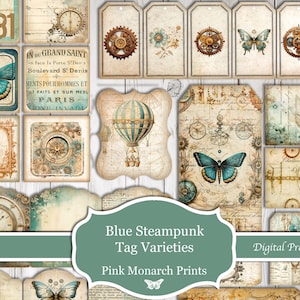 Tag Varieties, Blue Steampunk, Digital, Junk Journal, Printable, Tags, Junk Journal Tags, Junk Journal Digital, Junk Journal Kit, Shabby