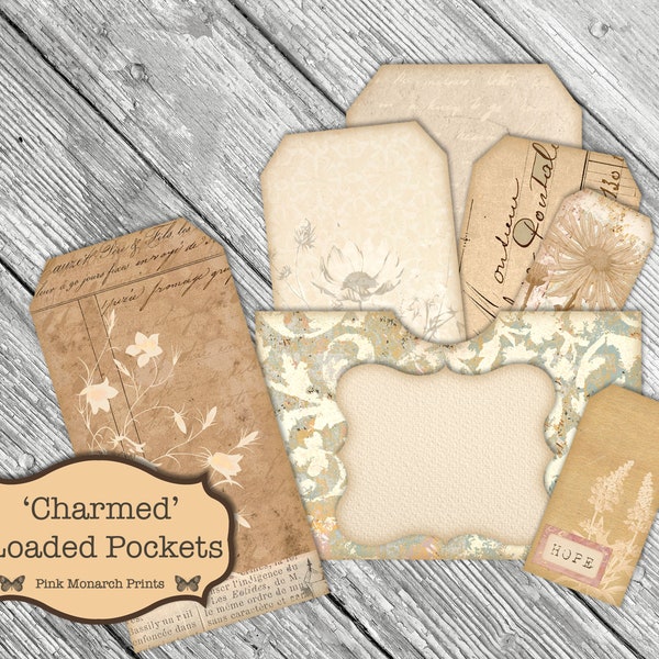 Charmed Loaded Pockets, Shabby Chic Digital, Junk Journal Kit, Scrapbooking Kit, Tags, Printable, Scrapbook Digital, Shabby Chic Scrapbook