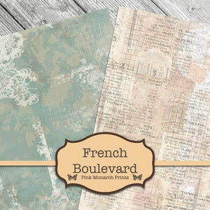 May include: Two pieces of textured paper with a distressed, vintage look. The paper on the left has a light blue and white pattern. The paper on the right has a grid pattern with text printed on it. The text reads "French Boulevard" and "Pink Monarch Prints".