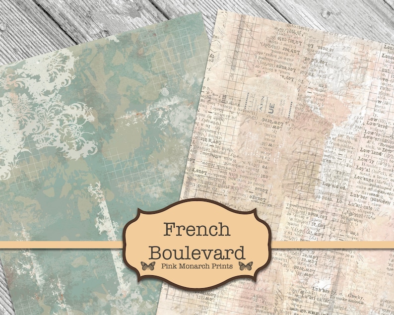 May include: Two pieces of textured paper with a distressed, vintage look. The paper on the left has a light blue and white pattern. The paper on the right has a grid pattern with text printed on it. The text reads "French Boulevard" and "Pink Monarch Prints".