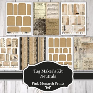 Könnte beinhalten: Ein digitales Bastelset mit bedruckbaren Etikettenbögen, Ephemera und gemustertem Papier in neutralen Beige-, Braun- und Schwarztönen. Die Sammlung enthält Bögen mit leeren Etiketten, Vintage-Schriftzügen, Notenblättern und Vogelillustrationen.
