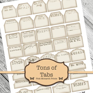 May include: A sheet of printable vintage-style labels with various numbers, text, and designs. The labels are beige with black text and are perfect for scrapbooking, journaling, or adding a vintage touch to your projects.