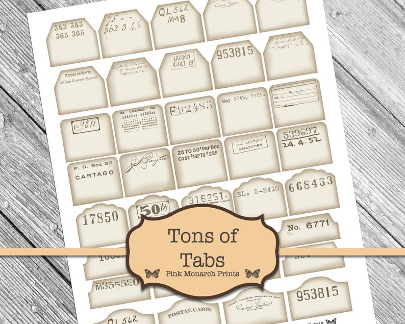 May include: A sheet of printable vintage-style labels with various numbers, text, and designs. The labels are beige with black text and are perfect for scrapbooking, journaling, or adding a vintage touch to your projects.