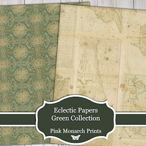 May include: Two digital paper designs, one with a green and gold geometric pattern and the other with a vintage map. The text "Eclectic Papers Green Collection Pink Monarch Prints" is displayed on a black banner.