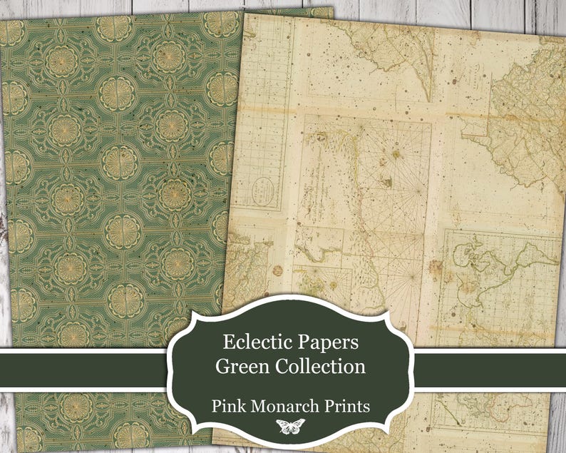 May include: Two digital paper designs, one with a green and gold geometric pattern and the other with a vintage map. The text "Eclectic Papers Green Collection Pink Monarch Prints" is displayed on a black banner.