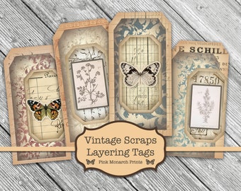 Vintage Scraps Layering Tags, Junk Journal Kit, Junk Journaling Digitals, Butterfly Tags, Printable Tags, Herbal Tags, Junk Journaling Tags