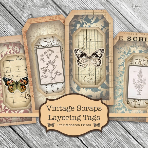 Vintage Scraps Layering Tags, Junk Journal Kit, Junk Journaling Digitals, Butterfly Tags, Printable Tags, Herbal Tags, Junk Journaling Tags