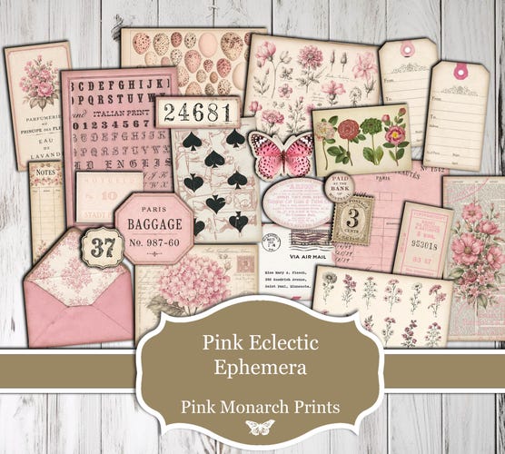 Pink Eclectic Ephemera — Digital Junk Journal Kit with Paper Crafting Cut Outs