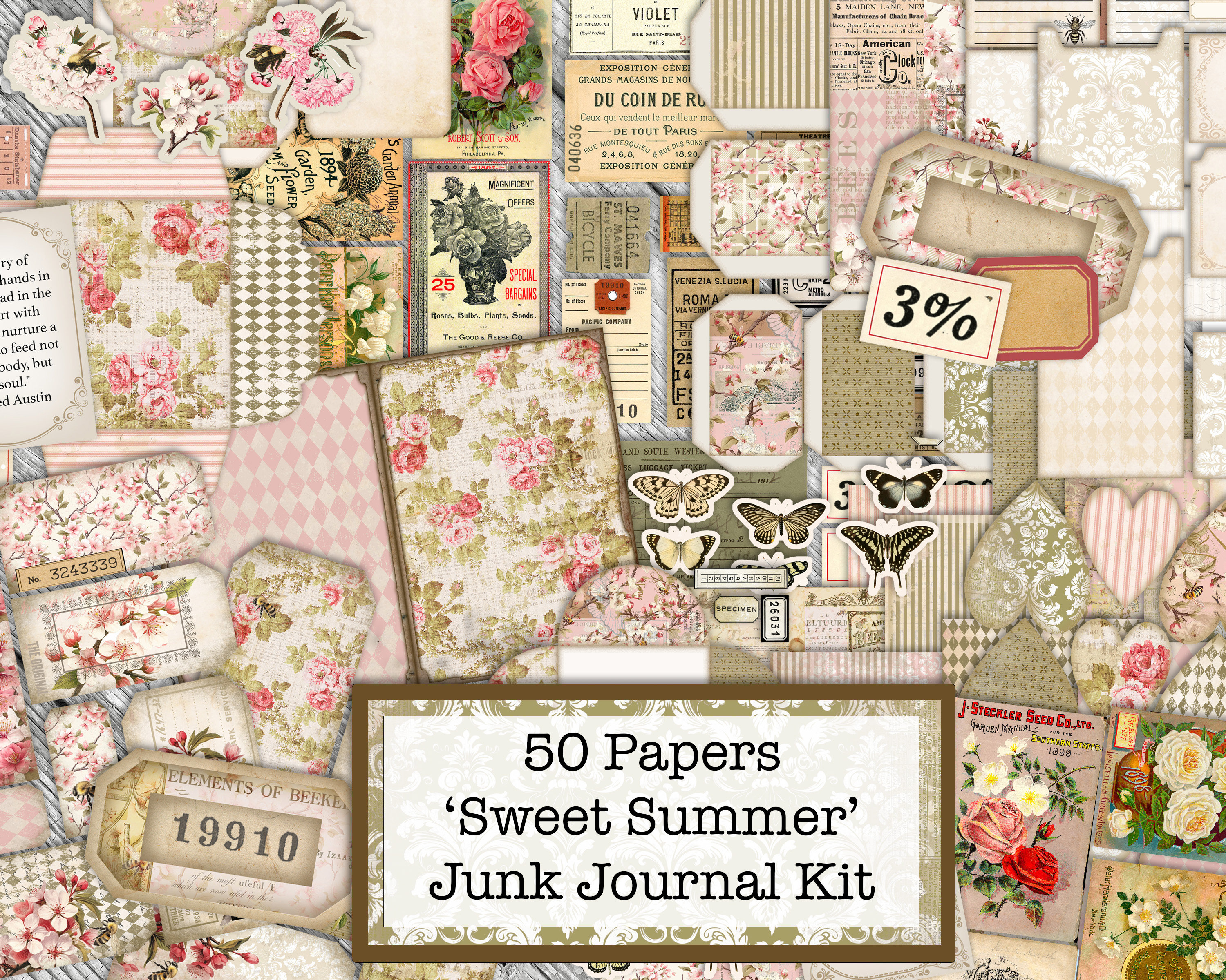 Sweet Summer Junk Journal Kit: 50 Pages, Large Printable Collection for Scrapbooking (Digital Download)
