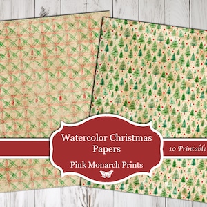 May include: Two digital paper designs featuring watercolor Christmas patterns. The first design is a green and red plaid pattern on a beige background. The second design features green Christmas trees and red dots on a beige background. The text "Watercolor Christmas Papers Pink Monarch Prints" is displayed on a red banner.