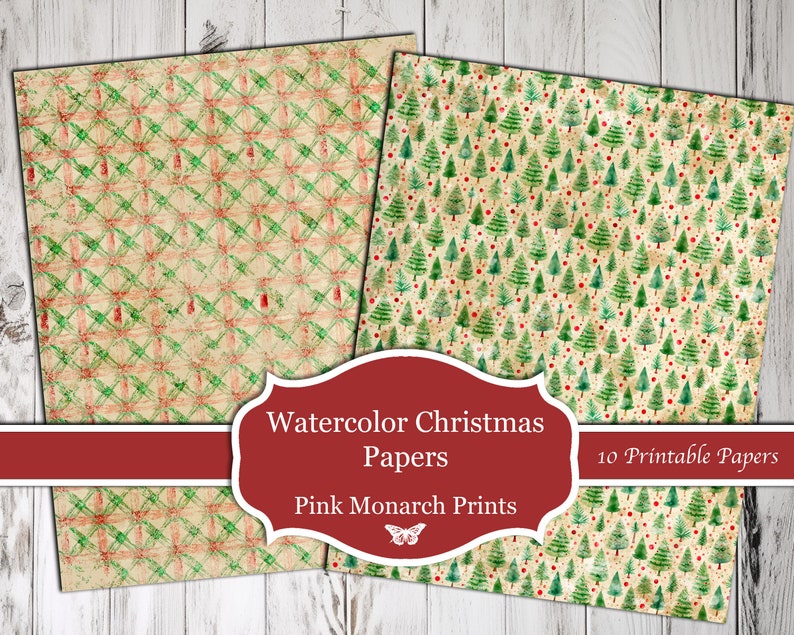 May include: Two digital paper designs featuring watercolor Christmas patterns. The first design is a green and red plaid pattern on a beige background. The second design features green Christmas trees and red dots on a beige background. The text "Watercolor Christmas Papers Pink Monarch Prints" is displayed on a red banner.